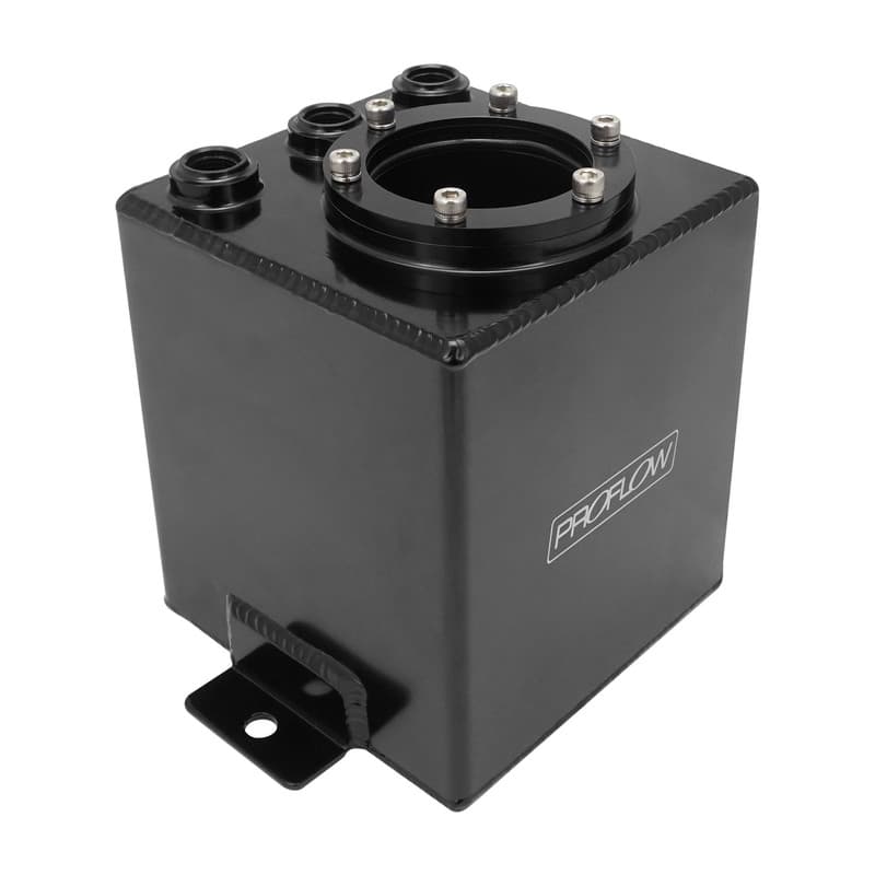 Proflow Fuel Surge Tank, Fabricated Aluminium, Square, Suits 044 Bosch Pumps, 2.5L, AN6 Ports, Black Anodised